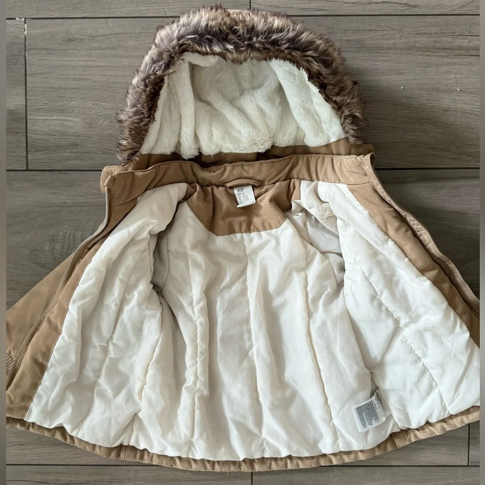 Girls puffer jacket Tan Hooded Jacket with Faux Fur Trim - Picture 2 of 4